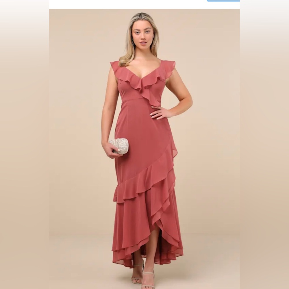 LULUS Charming Event Rusty Rose Asymmetrical Ruffled Maxi dress NWOT- medium